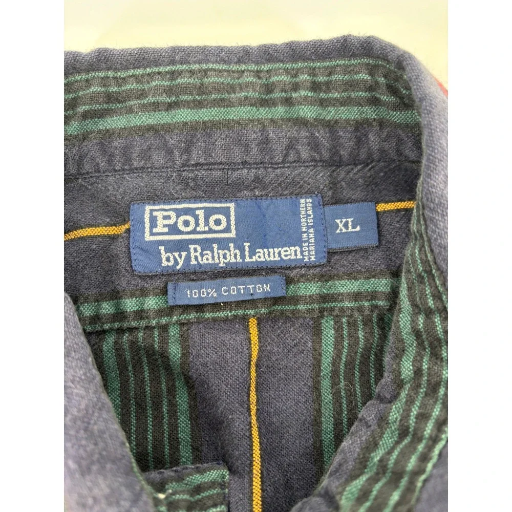 Vintage Polo Ralph Lauren Striped Button Down Shirt Mens XL Crest Patch Navy